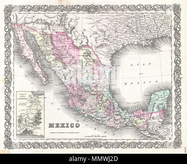 . Anglais : Une belle première édition 1855 Exemple de Colton's carte du Mexique. Comprend tous les jours le Mexique moderne ainsi que la plupart du Texas, Guatemala, Belize, et les régions adjacentes. Comme la plupart de Colton's de l'Amérique, cette carte est en grande partie dérivé d'une carte murale de l'Amérique du Nord produit par Colton et Griffing D. Johnson. Comprend quelques notations intéressantes telles ici et là comme inhabitée, isolée et maintient sans bois ou les eaux d'herbe... Une carte grande échelle dans le coin inférieur gauche de détails le territoire et l'Isthme de Tehuantepec - le site d'un projet mais jamais construite au Panama Banque D'Images