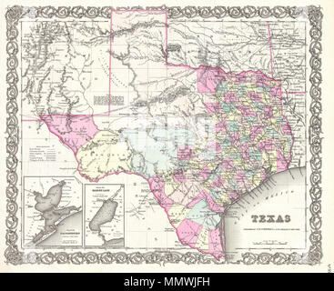 . Anglais : Une belle première édition 1855 Exemple de Colton's site du Texas. En grande partie basé sur l'importance de Cordova site du Texas, cette carte couvre l'ensemble de l'Etat et régions de près le Nouveau Mexique, l'Arkansas et le territoire indien (Oklahoma). Un certain nombre de noms de routes historiques, y compris Connelly's Trail, les Lieutenants Smith et le merlan, la route, le Comanche Trail, le parcours proposé pour la Southern Pacific Railroad, et la route pour Fort Smith. Colton a également des commentaires sur la richesse minérale de la terre, fait de remarque sur le bon pâturage, et identifie les gués et les ressorts. Il est intéressant de Colton dans Banque D'Images