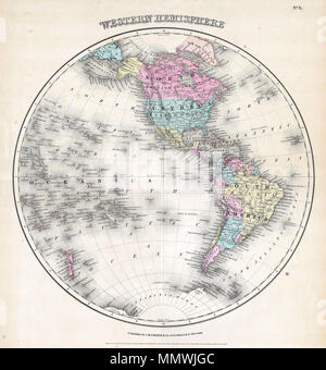 . Anglais : Site de l'hémisphère occidental de J. H. Colton's 1855 Atlas du monde. La carte est une lithographie d'une plaque en acier gravé. La belle main de couleur. Détail fantastique. Imprimé sur 172 William Street à New York, 1855. L'hémisphère ouest. 1855. Colton 1855 Carte de l'hémisphère occidental - Geographicus - HemiWest-c-55 Banque D'Images