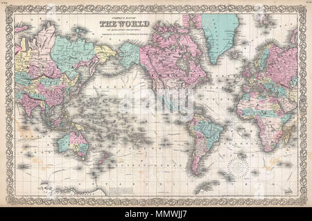 . Anglais : Une belle première édition 1855 Exemple de Colton's carte du monde sur une projection de Mercator. Centrée sur le continent de l'Amérique, cette carte du monde est colorié à la main en rose, vert, jaune et bleu pastel. Cette carte est une réduction et re-gravure de Colton est important 1848 carte murale du monde. Colton identifie les routes prises par divers explorateurs important y compris Cook, Vancouver, Vincennes, et Pérouse. Une note au bas de la carte décrit les découvertes de 1841 Mt. La terreur et Mt. Erebus en Antarctique par le capitaine Ross. Une grande partie de l'Afrique centrale est marqué R inexploré Banque D'Images