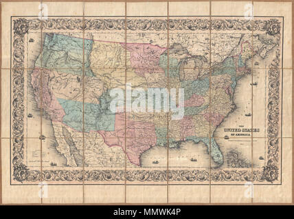 . Anglais : c'est un extrêmement rares séparément délivré 1855 Carte de poche de l'United States par J.H. Colton. Couvre les États-Unis d'un océan à l'autre révélant une configuration très tôt de l'Transmississippi. Bien que de nombreux états modernes n'avait pas encore paru quand cette carte a été imprimée, de nombreux autres états sont exceptionnellement grandes. Oregon Utah Washington, Nouveau Mexique, Minnesota, Nebraska, et tous les territoires, couverts de vastes régions. Un certain nombre d'émigrants sont extrêmement importantes à noter également, y compris l'Oregon Trail, le Santa Fe Trail, et Fremont, la route. En outre, indique le nombre de r Banque D'Images