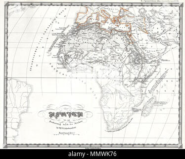 . Anglais : Cette fascinante colorié à la main carte illustre l'Afrique avant les invasions arabes et les colorizations costal du 7e siècle. La plupart de l'Asie du Sud et de l'Afrique centrale est complètement inconnu. Publié dans le cadre de Karl von Spruner's Atlas historique de 1855. Sud bis zur Eroberung durch die Araber im Jahrhundert 7e.. 1855. 1855 Perthes Carte de l'Afrique avant les invasions arabes du viie siècle - Geographicus - AfricaPreArab-perthes-1855 Banque D'Images