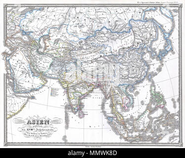 . Anglais : Cette fascinante colorié à la main carte illustre l'Asie à la fin du 18ème siècle. Les Britanniques s'étaient établis en Inde et l'Empire chinois était sous le contrôle mandchou. Illustre également l'Asie du Sud-Est dans de bons détails avec les premières versions du Vietnam (Anam & Tonkin), le Cambodge (Kambodscha) et la Thaïlande. Singapour est étiqueté publié dans le cadre de Karl von Spruner's Atlas historique de 1855. Asien gegen ende des 18 Jahrhunderts. Mourir en Jèrri Indien ; das Reich der Mandschu.. 1855. 1855 Perthes Carte de l'Asie à la fin du 18ème siècle - Geographicus - Asie18th-perthes-1855 Banque D'Images