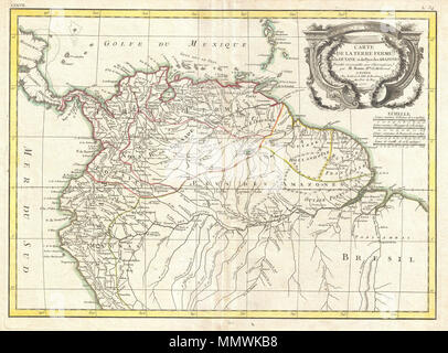 . Anglais : un bel exemple de Rigobert Bonne décoration de la carte du nord de l'Amérique du Sud. Couvre du Honduras et le vent du sud des îles Britanniques jusqu'à 12 degrés de latitude sud. Cette région, connue depuis l'époque de Colomb que terre ferme, se compose de la journée moderne nations unies de Colombie, Venezuela, Équateur, Guyana, et le Brésil. Détail exceptionnel tout au long montrant les montagnes, les rivières, les frontières nationales, les villes, les régions, et des tribus. Peut-être l'aspect le plus intéressant de cette carte est bonne a traité de l'apocryphe Lac Parima. Lac Parima a été identifié pour la première fois par Sir Walter Raleigh je Banque D'Images