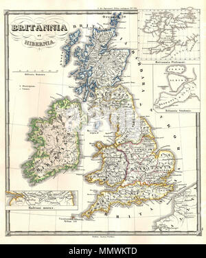 . Anglais : cette carte colorée à la main fine est une plaque d'acier lithographie illustrant les îles britanniques dans les temps anciens. Intitulé : "Hibernia et Britannia". Il y a des cartouches du mur d'Hadrien, et la Grande-Bretagne comme il a été conçu par Ptolémée et Strabon. Il a été publié en 1855 par le célèbre cartographe allemand Justus Perthes. Publié dans le cadre de "l'Atlas Spruneri Antiquarie". Britannia et Hibernia.. 1855 (sans date). 1855 Spruneri Carte des îles britanniques, le Britannia ^ d'Hibernia, dans les temps anciens - Geographicus - Britania-spruneri-1855 Banque D'Images