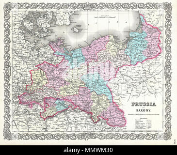 . Anglais : c'est la très rare 1856 Question de J. H. Colton's plan de la Prusse et de la Saxe. Couvre ce qui est aujourd'hui le nord-ouest de l'Allemagne. Divisé et couleur codée selon le district. Montre les routes principales et des chemins de fer ainsi que géologiques telles que lacs et rivières. Comme la plupart des cartes Colton cette carte est datée de 1855, mais plus vraisemblablement a été publié dans le numéro 1856 de l'Atlas de Colton . Datée et protégé par copyright : "entré en fonction de la loi du Congrès de l'an de 1855 par J. H. Colton & Co. dans le bureau du greffier de la Cour de District des États-Unis pour le district sud de New York." Publi Banque D'Images