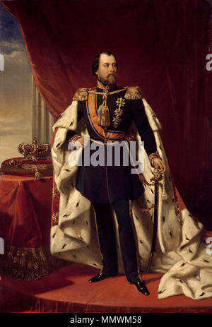 . Portrait de William III (1817-1890), Roi des Pays-Bas, debout, à pleine longueur, en uniforme avec un eremine robe, tenant la main droite hHis akimbo et sa main gauche sur l'épée. À gauche sur un oreiller sur une table sont placés la couronne en le sceptre. Portrait de William III, Roi des Pays-Bas. 1856. Willem III (1817-90), Koning der Nederlanden, Nicolaas Pieneman, 1856, Rijksmuseum Banque D'Images