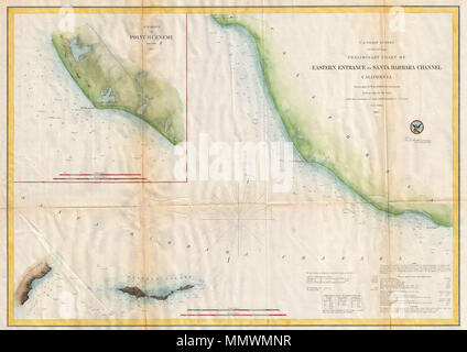 . Anglais : Une option de couleur main 1857 U.S. Coast Survey graphique ou carte de l'entrée est du chenal de Santa Barbara. Représente la côte de Californie à partir de la ville et de la Mission de San Buenaventura (Ventura, CA) à Point Mugu. Comprend l'île de Santa Cruz et Anacapa Island. Une carte grande échelle dans le quadrant supérieur gauche (Port Hueneme Point détails Hueneme) et ses environs. L'intégralité de la carte propose de nombreux sondages de profondeur. Des renseignements détaillés sur les marées et les instructions de course dans le quadrant inférieur droit. La topographie pour le plan a été préparé par W. M. Johnson. L'hydrographie a été accompli Banque D'Images