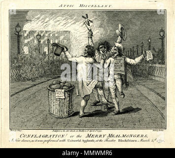 . Samuel Collings' illustration d'incendie ! Ou le festif, mealmongers, une caricature basé sur l'Albion Mills, Londres, l'incendie de 1791. La caricature a été publiée dans le magazine, le grenier Miscellany. . Susceptibles de 1791. Samuel Collings, personne ne connaît sa date de décès, mais sa période la plus productive de son art a été entre 1780 et 1790. Embrasement ! Ou le festif mealmongers Banque D'Images