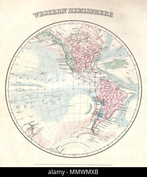 . Anglais : ce rare carte colorée à la main est une plaque de cuivre gravure, datant de 1858 par le célèbre cartographe américain du xixe siècle Colton. Il s'agit d'une représentation de l'hémisphère occidental, y compris l'Amérique du Nord et du Sud. Caractéristiques océaniques comme la mer des Sargasses de cette carte est de la transition du Cabinet rares Colton Atlas. Ce rare carte indique les produits par région, de la température et de l'altitude. La région de l'or de Californie est clairement indiquée. La carte est datée de 1858. L'hémisphère ouest. 1858. 1858 Colton's Carte de l'hémisphère occidental - Geographicus - WesternHemi-colton-1858 Banque D'Images