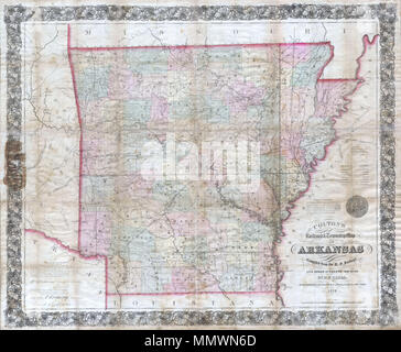 . Anglais : Cette grande et superbe visuellement 1858 Carte de poche par J. H. Colton dépeint l'état de l'Arkansas. L'état de l'Arkansas est révélé très en détail avec une attention particulière pour les routes, les chemins, les rivières, les lacs et les villes. L'état est proprement divisé en différents comtés. À l'est du Texas, asppears tout comme les territoires indiens du Choctaws et les Cherokees. L'état de l'Arkansas d'étanchéité est représenté dans le quadrant inférieur droit juste au-dessus de l'intitulé. Fine bordure décorative. Datée et protégé par copyright : "entré en fonction de la loi du Congrès de l'an de 1854 par J. H. Colton & Co. à Banque D'Images