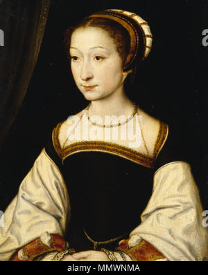 Peinture à l'huile sur panneau (éventuellement limewood), une jeune femme inconnue par Corneille de Lyon (La Haye 1500/10 ? Lyon 1575), vers 1535/40. Demi-longueur portrait d'une jeune femme, légèrement tourné vers la gauche et le regard vers la gauche, vêtu d'un corsage vert foncé bordé d'or au cou, d'un blanc manches, Pearl et collier en or et chaîne d'or, blanc et or. Corneille de Lyon - inconnue - Polesden Lacey Banque D'Images