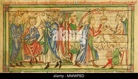 . Anglais : Gauche : Couronnement de Henri le jeune roi par l'Archevêque Roger de York (14 juin 1170) Droit : Henry II sert son fils à la fête du couronnement. (L'occasion a inspiré une célèbre anecdote sur le banquet. Henry II voulait servir son fils en personne. Il s'approcha de la dias transportant ce qui était avec toute probabilité, le Wild Boar's Head (le chef décoration de la table haute, couronnement d'habitude les fêtes de Noël et autres repas de fête de la noblesse) disant qu'il n'est pas tous les jours qu'un prince a été servi par un roi. Son fils fraîchement couronné a répondu qu'il n'a rien d'inhabituel pour le s Banque D'Images