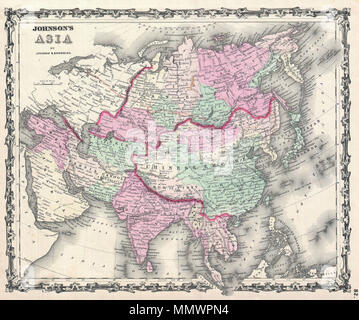 . Anglais : c'est Johnson et du Browning 1861 Carte de l'Asie, première édition. Couvre l'ensemble du continent africain, d'un bon détail de l'intérieur même de l'Asie centrale et du nord de la Chine. Comprend les parties de l'Europe, la péninsule arabique et l'Afrique. Les caractéristiques communes à la frontière de type ruban Johnson's travail atlas de 1860 à 1862. La gravure de la plaque d'acier préparé par A. J. Johnson pour publication comme la planche no 82 dans l'édition 1861 de son nouvel Atlas illustré… c'est la dernière édition de l'Atlas de Johnson à supporter les Johnson et le brunissement mentions légales. Johnson's en Asie.. 1861 (sans date). 1861 Johnson Carte Asie - Geo Banque D'Images