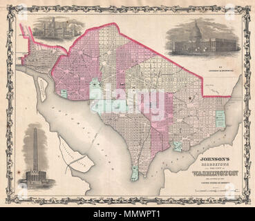 . Anglais : Une belle première édition Exemple de A. J. Johnson, 1861 Plan de Washington D.C. et Georgetown. Offre un aperçu fascinant de la capitale du pays peu après le début de la guerre civile américaine. La ville montre de façon très détaillée avec codage par couleur selon ward. De nombreux bâtiments importants y compris Notes le Capitole, la Smithsonian Institution, la Maison Blanche (pas encore appelé la Maison Blanche), le Washington Monument, l'Observatoire national, le nombril, le pauvre maison, l'hôtel de ville, et d'autres. La célèbre grille et ray s'affichent en fonction de la structure Banque D'Images