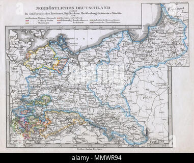 . Anglais : Cette fascinante 1862 site par Justus Perthes et Stieler représente la Prusse et les états du nord-est de l'Allemagne. Contrairement à d'autres éditeurs de cartographie de la période, la firme Justus Perthes, n'a pas de transition vers des techniques d'impression lithographique. Au lieu de cela, l'ensemble de ses cartes et gravures sur plaque de cuivre sont, par conséquent, offrir un niveau de caractère et le degré de détail qui était impossible à trouver dans la lithographie ou wax-processus de gravure. Tout le texte en allemand. Publié dans l'édition 1862 de l'Schul-Atlas Stieler. Nordostliches Deutschland.. 1862. 1862 Carte de Prusse et Stieler le nord-est de l'Allemagne - G Banque D'Images