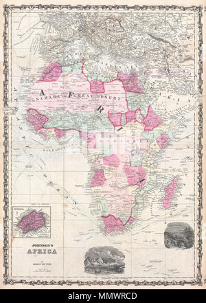 . Anglais : un exemple extraordinaire et attrayant de Johnson's 1862 Carte de l'Afrique. Cette carte exceptionnelle n'est apparu que dans les premières éditions de Johnson's Atlas. Comprend toute l'Afrique ainsi que les parties adjacentes de l'Europe et l'Asie. Selon code couleur du Mexique . Cartes d'exception a été conçu pendant la grande époque de l'exploration de l'Afrique au milieu du 19ème siècle. Montre le lac Victoria Nyanza lac appelé alternativement (ou mer Ukerewe) à l'état embryonnaire. Il marque la route du Dr Livingstone le long de la rivière Zambezi. Propose également des notes concernant plusieurs autres explorations importantes telles que Banque D'Images