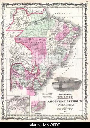 . Anglais : un très joli exemple de Johnson's 1862 Carte du Brésil, la République argentine (nord de l'Argentine), le Paraguay et l'Uruguay. Détail exceptionnel aussi bien le long de la côte et l'intérieur des terres, en particulier le long des rivières navigables. La plupart de la Bolivie montre ainsi, à travers la frontière entre la Bolivie et le Brésil était à l'époque et non arpentées largement spéculatives. Montre la région de diamants dans la région de Bahia, à l'ouest de San Salvador. Note également en Argentine Chutes d'Iguaçu (Chutes d'Iquedas). La région amazonienne est sans surprise si quelques vagues d'eau et stations missionnaires sont indiquées. Cartes intercalaires dans la basse Banque D'Images