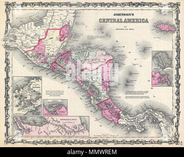 . Anglais : c'est A. J. Johnson et Ward's 1862 Carte de l'Amérique centrale. Couvre l'Amérique centrale à l'Isthme de Tehuantepec, Mexique à la baie de Panama. Montre les pays du Guatemala, Honduras, El Salvador, le Nicaragua et le Costa Rica. La Jamaïque s'affiche dans le coin supérieur droit. Montre les routes proposées, les villes, les rivières et les traversées en ferry. Le quadrant inférieur gauche dispose de trois cartes intercalaires. Dans le sens des aiguilles d'une montre à partir du haut à gauche ces détail l'Isthme de Panama, le Nicaragua Route vers le Pacifique, et le port de San Juan de Nicaragua. Deux encarts supplémentaires sur la droite o Banque D'Images