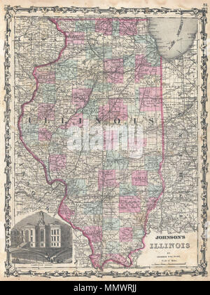 . Anglais : c'est A. J. Johnson, 1862 site de l'Illinois. Couvre l'ensemble de l'Etat ainsi que des parties de l'Etats adjacents de l'Iowa, le Missouri et l'Indiana. Propose des codes couleurs selon county et notations pour chemins de fer, routes, villes, villages, et les systèmes hydrographiques. Un encart dans le coin inférieur gauche de détails le palais de Chicago. Les caractéristiques communes à la frontière style strapwork Johnson's travail atlas de 1860 à 1863. Publié par A. J. Johnson et Ward comme numéro de plaque 51 dans l'édition 1862 de Johnson dans les Atlas illustré . C'est la première édition de l'Atlas de la famille à porter le Jo Banque D'Images