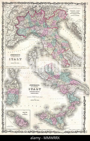 . Anglais : un très joli exemple de Johnson's 1862 Carte de l'Italie. Plus de détails la péninsule entière ainsi que la Corse, de la Sardaigne, de Malte et de la Sicile. Des codes de couleur selon la région. Lorsque cette carte a été faite de l'Italie était au milieu de sa lutte pour la solidarité nationale en vertu de Giuseppe Garibaldi et ses chemises rouges. Naples et Sicile étaient indépendants, comme l'étaient les États pontificaux, et les États vénitiens. La plus grande partie du nord de l'Italie a été consolidé avec sa capitale à Florence. Les caractéristiques communes à la frontière style strapwork Johnson's travail atlas de 1860 à 1863. Publié par A. J. Johnson et Ward comme planche n Banque D'Images