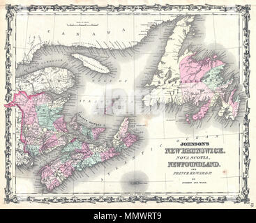 . Anglais : un très bel exemple de Johnson's 1862 Carte de la provinces canadiennes du Nouveau-Brunswick, Nouvelle-Écosse, Île du Prince Édouard et Terre-Neuve. Couleur codée selon le comté. Affiche chemins de fer, lacs, rivières et villages. Les caractéristiques communes à la frontière style strapwork Johnson's travail atlas de 1860 à 1863. Publié par A. J. Johnson et Ward comme numéro de plaque 19 dans l'édition 1862 de Johnson dans les Atlas illustré . C'est la première édition de l'Atlas de la famille à porter le Johnson et Ward mentions légales. Johnson's New Brunswick, la Nouvelle-Écosse, Terre-Neuve et l'île.. 186 Banque D'Images