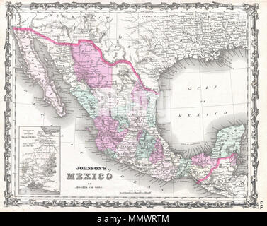 . Anglais : un très joli exemple de Johnson's 1862 Carte du Mexique. Comprend tous les jours le Mexique moderne ainsi que la plupart du Texas, Guatemala, Belize, et les régions adjacentes. Selon code couleur du Mexique . Selon l'Arizona représente la frontière définie par la Confederate existantes brièvement état de l'Arizona. Comprend également quelques notations intéressantes comme inhabitée, isolée et maintient sans bois ou les eaux d'herbe... Une carte grande échelle dans le coin inférieur gauche de détails le territoire et l'Isthme de Tehuantepec. Les caractéristiques communes à la frontière style strapwork Johnson's travail atlas de 1860 à 1863. Banque D'Images