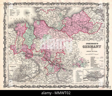 . Anglais : un très bel exemple de la feuille du nord de l'Allemagne d'Johnson série. Détails Hanovre, Mecklenburg Schwerin, Holstein et Oldenburg. Les EISN détail la ville de Hambourg et à la ville de Brême. Couleur codée selon district. Affiche chemins de fer, lacs, rivières et villages. Les caractéristiques communes à la frontière style strapwork Johnson's travail atlas de 1860 à 1863. Publié par A. J. Johnson et Ward comme numéro de plaque 79 dans le 1862 édition de Johnson dans les Atlas illustré . C'est la première édition de l'Atlas de la famille à porter le Johnson et Ward mentions légales. Johnson's Allemagne No 1.. Banque D'Images