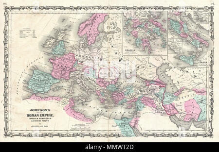 . Anglais : un très joli exemple de Johnson's 1862 Carte de l'Empire romain. Couvre l'ensemble de l'Europe ainsi qu'une grande partie du Moyen-Orient, de la Perse et des régions de l'Afrique du Nord. Présente l'empire à sa plus grande encore à la suite de la guerre punique. Les EISN détail de la Grèce et de la péninsule italienne. Les noms de lieux anciens utilise. Les caractéristiques communes à la frontière style strapwork Johnson's travail atlas de 1860 à 1863. Publié par A. J. Johnson et Ward comme numéros de plaque 96-97 dans l'édition 1862 de Johnson dans les Atlas illustré . C'est la première édition de l'Atlas de la famille à porter le Johnson et Ward i Banque D'Images