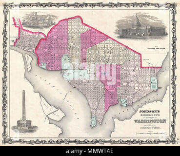 . Anglais : un bel exemple de A. J. Johnson, 1862 Plan de Washington D.C. et Georgetown. Offre un fascinant aperçu de la capitale nationale peu après le début de la guerre civile américaine. La ville montre de façon très détaillée avec codage par couleur selon ward. De nombreux bâtiments importants y compris Notes le Capitole, la Smithsonian Institution, la Maison Blanche (pas encore appelé la Maison Blanche), le Washington Monument, l'Observatoire national, le nombril, le pauvre maison, l'hôtel de ville, et d'autres. La grille et indique les rayons en fonction de l'enfant est brillant plan. Ge Banque D'Images