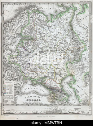 . Anglais : Cette fascinante 1862 site par Justus Perthes et Stieler représente la partie européenne de la Russie. Dans un unique à épanouir cartographique Perthes, le bas de la carte est orné d'un profil d'altitude graphique. Contrairement à d'autres éditeurs de cartographie de la période, la firme Justus Perthes, n'a pas de transition vers des techniques d'impression lithographique jusqu'au début des années 1870. Au lieu de cela, l'ensemble de ses cartes et gravures sur plaque de cuivre sont, par conséquent, offrir un niveau de caractère et le degré de détail qui était impossible à trouver dans la lithographie ou wax-processus de gravure. Tout le texte en allemand. Publié dans l'édition de 1862 Banque D'Images