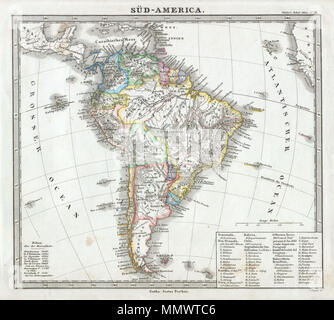 . Anglais : Cette fascinante 1862 site par Justus Perthes et Stieler dépeint l'Amérique du Sud. Contrairement à d'autres éditeurs de cartographie de la période, la firme Justus Perthes, n'a pas de transition vers des techniques d'impression lithographique jusqu'au début des années 1870. Au lieu de cela, l'ensemble de ses cartes et gravures sur plaque de cuivre sont, par conséquent, offrir un niveau de caractère et le degré de détail qui était impossible à trouver dans la lithographie ou wax-processus de gravure. Tout le texte en allemand. Publié dans l'édition 1862 de l'Schul-Atlas Stieler. Sud-America.. 1862. 1862 Perthes site de l'Amérique du Sud - Geographicus - SudAmerica-pe Banque D'Images