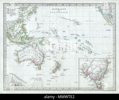 . Anglais : Cette fascinante 1862 site par Justus Perthes et Stieler dépeint la Polynésie et l'Australie. Il y a un encart du sud-est de l'Australie et de Tasmanie. En bas à gauche il y a un diagramme relatif. Contrairement à d'autres éditeurs de cartographie de la période, la firme Justus Perthes, n'a pas de transition vers des techniques d'impression lithographique jusqu'au début des années 1870. Au lieu de cela, l'ensemble de ses cartes et gravures sur plaque de cuivre sont, par conséquent, offrir un niveau de caractère et le degré de détail qui était impossible à trouver dans la lithographie ou wax-processus de gravure. Tout le texte en allemand. Publié dans l'édition 1862 de l'al. Banque D'Images