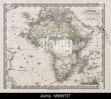 . Anglais : Cette fascinante 1862 site par Justus Perthes et Stieler dépeint l, à l'époque, largement inexplorée du continent africain. Contrairement à d'autres éditeurs de cartographie de la période, la firme Justus Perthes, n'a pas de transition vers des techniques d'impression lithographique. Au lieu de cela, l'ensemble de ses cartes et gravures sur plaque de cuivre sont, par conséquent, offrir un niveau de caractère et le degré de détail qui était impossible à trouver dans la lithographie ou wax-processus de gravure. Publié dans l'édition 1862 de l'Schul-Atlas Stieler. Afrika.. 1862. Stieler 1862 Carte de l'Afrique - Geographicus - Afrika-perthes-1862 Banque D'Images