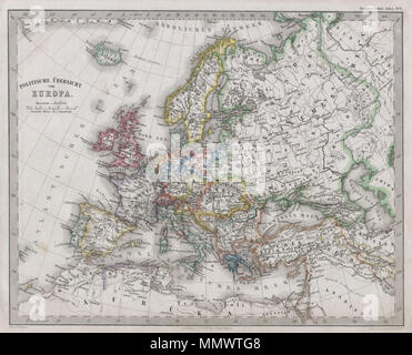 . Anglais : Cette fascinante 1862 site par Justus Perthes et Stieler continent de l'Europe. Contrairement à d'autres éditeurs de cartographie de la période, la firme Justus Perthes, n'a pas de transition vers des techniques d'impression lithographique. Au lieu de cela, l'ensemble de ses cartes et gravures sur plaque de cuivre sont, par conséquent, offrir un niveau de caractère et le degré de détail qui était impossible à trouver dans la lithographie ou wax-processus de gravure. Publié dans l'édition 1862 de l'Schul-Atlas Stieler. Politische Ubersicht von Europa.. 1862. Stieler 1862 Carte de l'Europe - Geographicus - EuropaPoli-perthes-1862 Banque D'Images