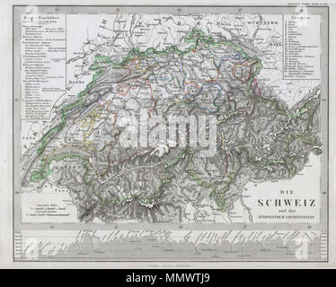 . Anglais : Cette fascinante 1862 site par Justus Perthes et Stieler représente la Suisse. Dans un unique à épanouir cartographique Perthes, un profil d'altitude graphique orne la partie inférieure de la carte. Contrairement à d'autres éditeurs de cartographie de la période, la firme Justus Perthes, n'a pas de transition vers des techniques d'impression lithographique jusqu'au début des années 1870. Au lieu de cela, l'ensemble de ses cartes et gravures sur plaque de cuivre sont, par conséquent, offrir un niveau de caractère et le degré de détail qui était impossible à trouver dans la lithographie ou wax-processus de gravure. Tout le texte en allemand. Publié dans l'édition 1862 de l'Schul-At Stieler Banque D'Images