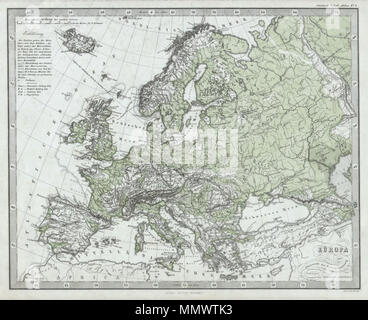 . Anglais : Cette fascinante 1862 site par Justus Perthes et Stieler dépeint l'Europe géographie physique. Bien que les grandes villes sont marqués, les distinctions ne sont pas. Contrairement à d'autres éditeurs de cartographie de la période, la firme Justus Perthes, n'a pas de transition vers des techniques d'impression lithographique. Au lieu de cela, l'ensemble de ses cartes et gravures sur plaque de cuivre sont, par conséquent, offrir un niveau de caractère et le degré de détail qui était impossible à trouver dans la lithographie ou wax-processus de gravure. Publié dans l'édition 1862 de l'Schul-Atlas Stieler. Europa.. 1862. 1862 Stieler carte physique de l'Europe - Geographi Banque D'Images