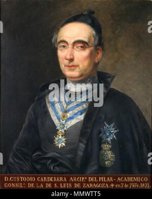 . Español : Retrato del eclesiástico Custodio Carderera (m. 1871). Era hermano del Pintor Valentín Carderera, y también licenciado en Sagrada Théologie, Arcipreste del Pilar, que es una dignidad de la Santa Iglesia Metropolitana de Saragosse, Comendador de la Orden de Carlos III, Comendedor de la Orden de Nuestra Señora de la Concepción de Villaviciosa del Reino de Portugal, conjuez honorario del Tribunal Supremo, comisario de la obra pía de los Santos Lugares de Jerusalén en la Archidiócesis de Zaragoza y académico consiliario de la Real Academia de Bellas Artes de San Luis de Saragosse. Murió e Banque D'Images