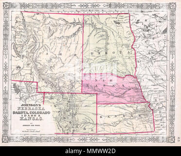 . Anglais : c'est une belle couleur main 1863 Lithographie plan de ce qui aujourd'hui se compose des états de l'Idaho, Wyoming, Colorado, Montana, Dakota du Nord, Dakota du Sud, du Nebraska et du Kansas. S'étend à l'ouest jusqu'au Grand Lac Salé et à l'est du lac Supérieur. Grand Territoire de l'Idaho sont antérieurs à la création du Wyoming et du Montana. Le nouveau territoire du Colorado (1861) apparaît dans le coin inférieur gauche. Sillonnée par des chemins de chariots, routes, chemins de fer de l'explorateur, et a proposé des chemins de fer. Propose également de superbes détails concernant la conduite des tribus indiennes d'Amérique et la zone de peuplement. Un Banque D'Images