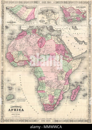 . Anglais : Une belle première édition Exemple de A. J. Johnson's très décoratif 1864 Carte de l'Afrique. La carte couvre l'ensemble du continent africain ainsi que les parties adjacentes de l'Arabie et la Méditerranée. Tout au long, Johnson identifie les différentes villes, villages, rivières et assortiment de plus de détails topographiques. Johnson a présenté cette carte en 1864 afin de remplacer le plus primitif de l'Afrique cartographie Colton utilisé dans son atlas. Cette carte peut accueillir les récentes découvertes et explorations en Afrique. Par conséquent, il est le premier de la série à l'Afrique Johnson représentent précisément Lake Victori Banque D'Images