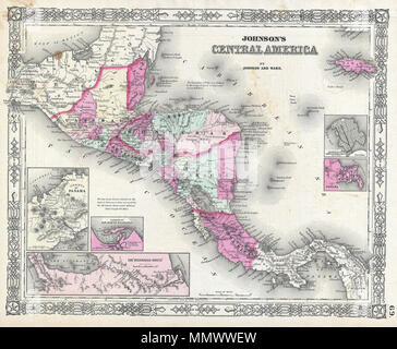 . Anglais : c'est A. J. Johnson et Ward's 1864 Carte de l'Amérique centrale. Couvre l'Amérique centrale à l'Isthme de Tehuantepec, Mexique à la baie de Panama. Montre les pays du Guatemala, Honduras, El Salvador, le Nicaragua et le Costa Rica. La Jamaïque s'affiche dans le coin supérieur droit. Montre les routes proposées, les villes, les rivières et les traversées en ferry. Le quadrant inférieur gauche dispose de trois cartes intercalaires. Dans le sens des aiguilles d'une montre à partir du haut à gauche ces détail l'Isthme de Panama, le Nicaragua Route vers le Pacifique, et le port de San Juan de Nicaragua. Deux encarts supplémentaires sur la droite o Banque D'Images