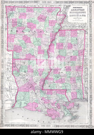 . Anglais : Il s'agit d'une lithographie 1864 magnifiquement coloriés à la main la carte de l'Arkansas, de la Louisiane et du Mississippi. Affiche les états dans de beaux détails tels qu'ils apparaissaient à la fin de la guerre civile américaine. Johnson's Arkansas Mississippi et de la Louisiane.. 1864. 1864 Johnson Plan de la Louisiane, du Mississippi et de l'Arkansas - Geographicus - MSLAAK-j-64 Banque D'Images