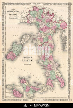 . Anglais : A. J. Johnson magnifiquement colorié à la main 1864 Carte de l'Italie. Cette carte présente les villes, topographiques, des chemins de fer, les traversiers et les routes avec codage couleur au niveau régional. Johnson a présenté cette carte en 1863, le remplacement d'une carte de l'Italie qui a divisé la péninsule dans le nord de l'Italie, composé de la Toscane, Venise et le Piémont, et le sud de l'Italie, dont le Royaume de Naples et les deux Sicilys. Cette initiative audacieuse a été sans aucun doute une réponse à la solidarité du mouvement italien qui, au début des années 1860 sous Garibaldi et ses "chemises rouges", l'Italie unifiée sous un seul admi Banque D'Images