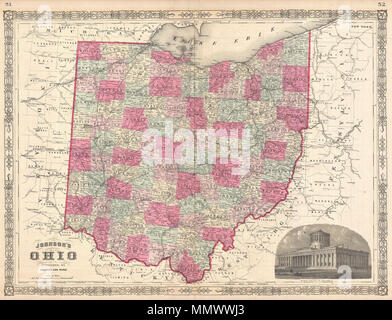 . Anglais : c'est A. J. Johnson's joliment coloriés à la main première édition 1864 site de l'Ohio. Cette carte présente les villes, topographiques, des chemins de fer, les traversiers et les routes avec codage couleur au niveau des comtés. Johnson a présenté ce grand folio carte dans l'édition 1864 de son atlas, le remplacement de la seule page du site de l'Ohio qu'il a héritée de Colton. L'élargissement du site était nécessaire pour tenir compte de l'essor de la population de l'Ohio qui se sont produits au cours de la décennie précédente. Une vue gravée du Columbus state house apparaît dans le quadrant inférieur droit. Les caractéristiques communes à la frontière style fretwork Johnson's à Banque D'Images