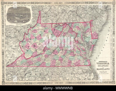 . Anglais : Il s'agit d'une lithographie 1864 magnifiquement coloriés à la main carte de la Virginie, le Delaware, le Maryland et la Virginie de l'Ouest. Carte présente les villes, les comtés, les caractéristiques topographiques, des chemins de fer, les traversiers et les routes avec codage couleur au niveau des comtés. En raison des événements de la guerre civile américaine et la séparation de la Virginie et de la Virginie-Occidentale, Johnson's plan de cette région a connu de nombreuses éditions différentes à partir de 1861. Cette édition, 1864, est particulièrement éphémère et dispose d'une vue gravée de la forteresse Monroe, Virginie. Publié par A. J. Johnson et Ward que plaques 33-34 dans l'édition 1864 Banque D'Images