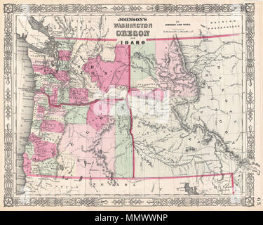 . Anglais : c'est A. J. Johnson's joliment coloriés à la main première édition 1864 Plan de Washington, l'Oregon et de l'Idaho, avec une partie de l'actuelle du Montana et du Wyoming. Cette carte présente les villes, topographiques, des chemins de fer, les traversiers et les routes avec codage couleur au niveau des comtés. Montre en outre important de cols de montagne, la route des fameux explore notamment Fremont (1843), et la mauvaise conception de Stevens de routage pour la Pacific Railroad. Les origines de cette carte peut être attribuée à l'acquisition de Johnson J. H. Colton's c. 1855 La carte des plaques. En raison de l'évolution rapide de la situation politique dans le CIP Banque D'Images