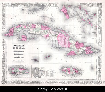 . Anglais : c'est une belle couleur main 1864 Carte de l'ouest de l'Inde îles de Cuba, la Jamaïque et Porto Rico par A. J. Johnson et Ward. Capots de la Florida Keys au sud à travers les îles Caïmanes la Jamaïque et à l'ouest de la France. Chaque région est représentée de façon très détaillée avec une attention particulière aux quartiers, routes, chemins de fer, et les villes. Il y a une carte grande échelle de Porto Rico et un autre de la ville de La Havane. Johnson a Cuba, la Jamaïque et Porto Rico.. 1864. 1864 Johnson's Carte de Cuba, la Jamaïque, les Bahamas ^ Porto Rico - Cuba - Geographicus 951-1860-j Banque D'Images