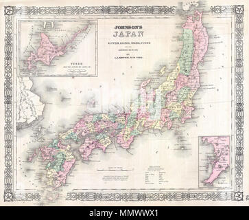 . Anglais : Il s'agit d'une lithographie 1864 magnifiquement coloriés à la main carte du Japon. Il y a des cartouches de la baie de Nagasaki et Oui (Hokkaido) et les îles Kouriles, Japonais. Compilé par A. J. Johnson, de la carte de Siebold avec ajouts des sondages et reconnaissances des É.-U. Japon expédition. Préparé pour cause comme la planche no 98 dans l'édition 1864 de l'Atlas de Johnson . Johnson's Japon, Nippon, Kiusiu, Sikok, oui et les îles Kouriles, Japonais.. 1864 (sans date). 1864 Johnson's site du Japon (Nippon, Kiusiu, Sikok, oui et les îles Kouriles, Japonais) - Geographicus - Japon-j-64 Banque D'Images