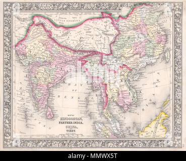 . Anglais : un bel exemple de S. A. Mitchell Jr.'s 1864 Carte de l'Inde, le Tibet, la Chine et l'Asie du Sud-Est, dont la Birmanie, Thaïlande, Cambodge et Vietnam. Couvre la région de façon très détaillée avec certaines parties de la Malaisie, Sumatra, Bornéo et inclus. L'une des plus belles cartes de l'atlas américain de cette région d'apparaître dans le milieu du 19ème siècle. Les caractéristiques typiques de la frontière floral Mitchell de cartes à partir de la période 1860-1865. Préparé par W. Williams pour l'inclusion comme 80 dans la plaque de 1864 Question de Mitchell's New Atlas général . Datée et protégé par copyright, "entré en fonction d'une loi du Congrès dans le Banque D'Images