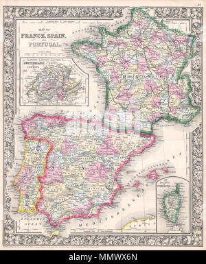 . Anglais : un bel exemple de S. A. Mitchell Jr.'s 1864 Carte de France, l'Espagne et le Portugal. Un encart dans le quart supérieur gauche représente la Suisse. Un autre encadré dans le quadrant inférieur droit montre l'île de Corse. Indique les détails politiques et géographiques. Mis à jour et élargi le formulaire 1860 question en 1862, avec l'Angleterre dans le Nord et des régions de l'Afrique du Nord déposé pour donner plus de détails dans ces secteurs d'intérêt. L'une des plus belles cartes de l'atlas américain de cette région d'apparaître dans le milieu du 19ème siècle. Les caractéristiques typiques de la frontière floral Mitchell de cartes à partir de la période 1860-1865. P Banque D'Images